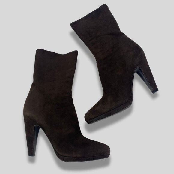 PRADA Chocolate Brown Suede Platform Heeled Mid Calf Boots Size 8 - Picture 1 of 10